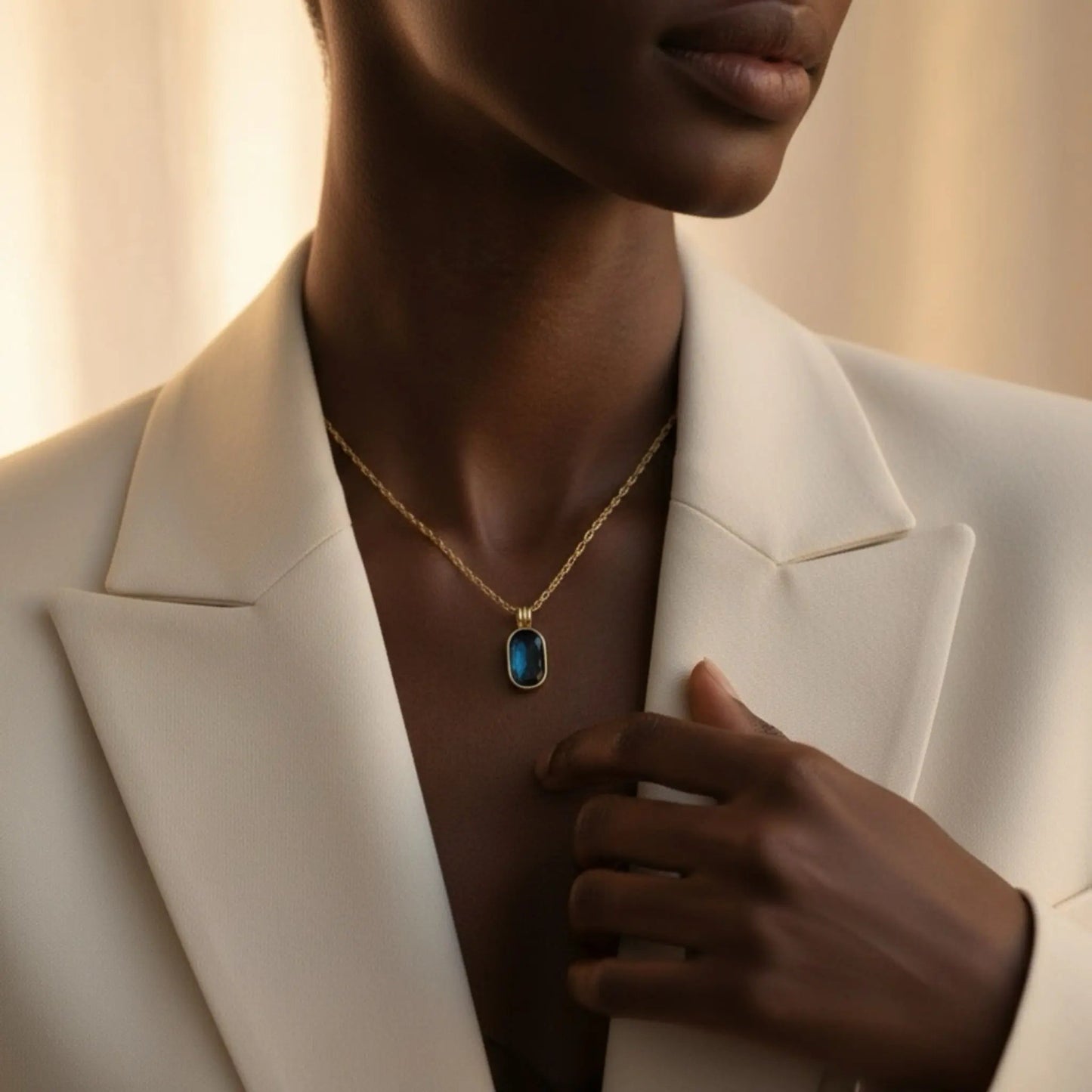 Abalone Shell Pendant Necklace Stainless Steel Gold on neutral background — full length view