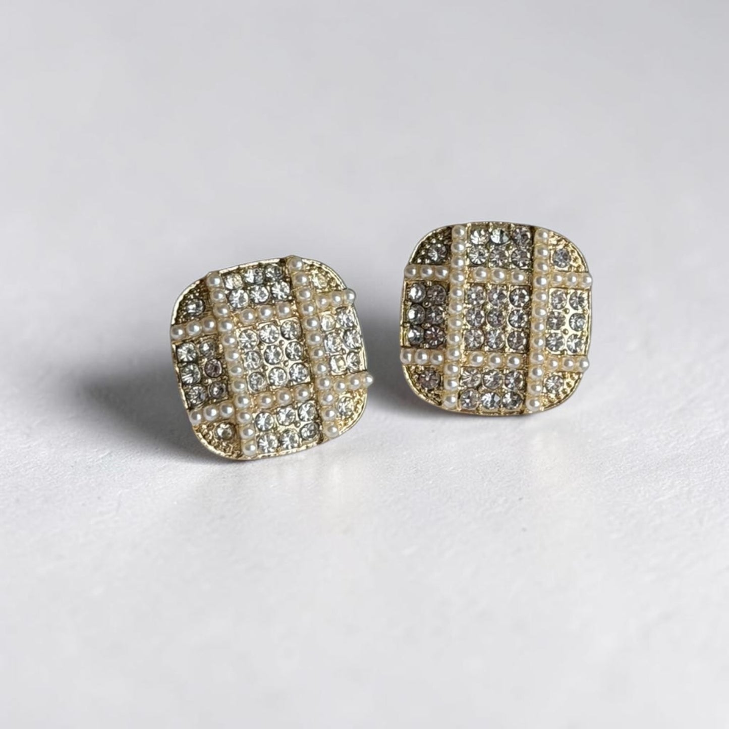 Tweed Crystal & Pearl Square Stud Earrings S925 Gold — pair shown together on flat lay