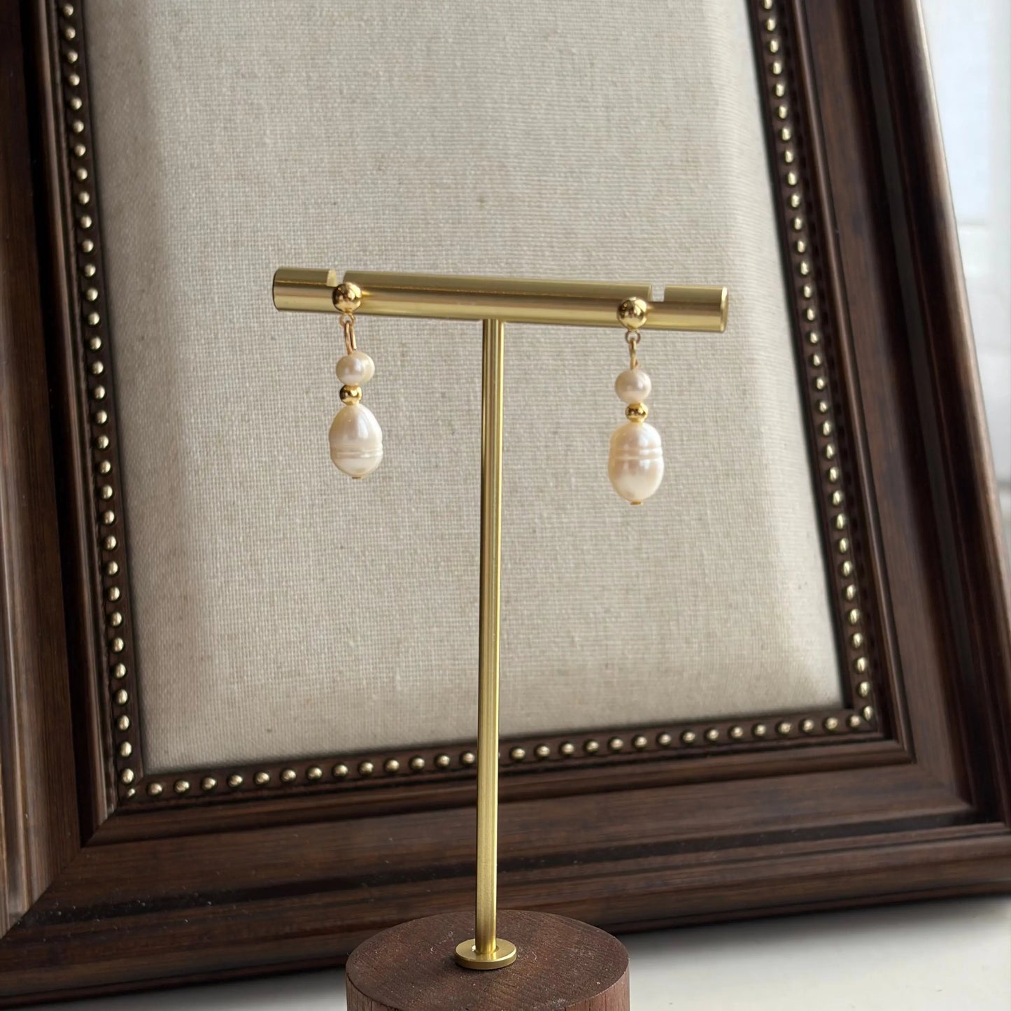 Freshwater Pearl Cluster Drop Earrings S925 Gold — worn on model, side profile