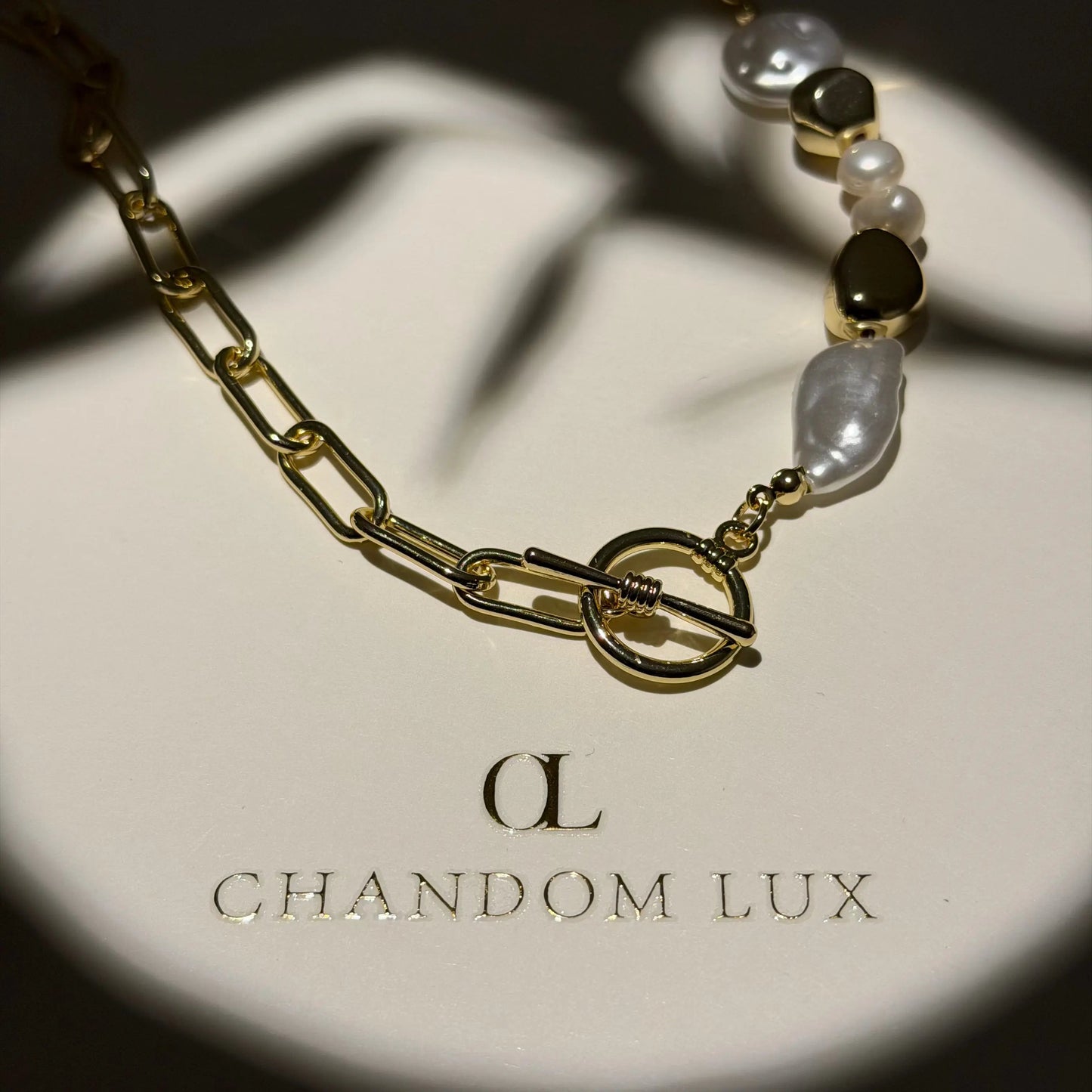 Freshwater Pearl Galaxy Pendant Necklace Gold Tone — detail of freshwater pearl