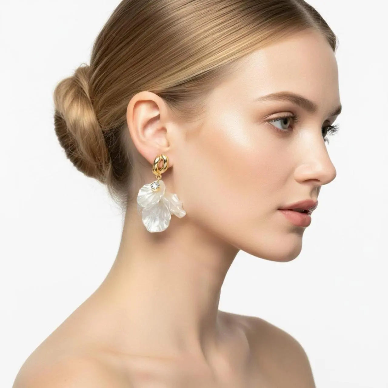 White Petal Flower Drop Earrings S925 Gold Bridal — pair shown together on flat lay