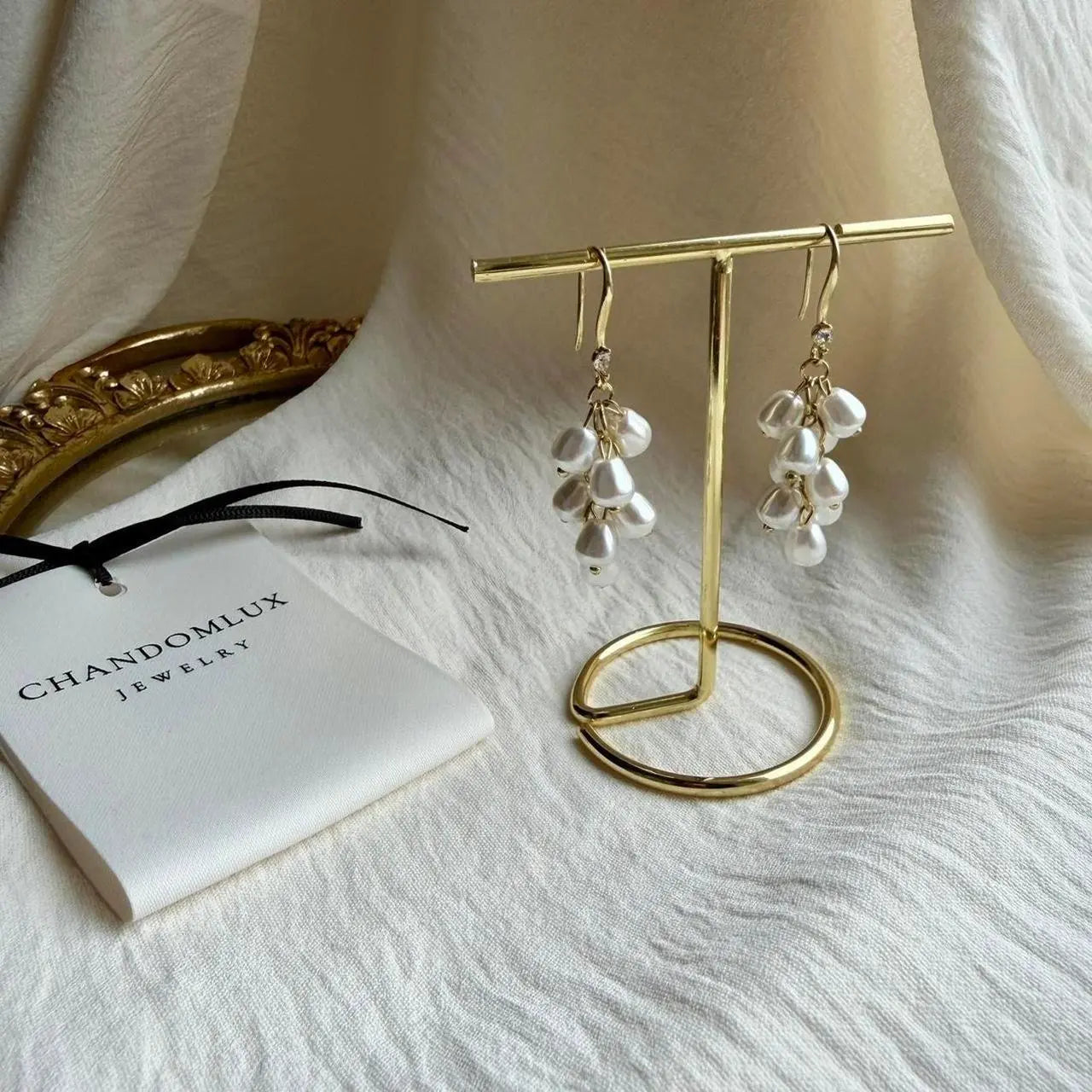 Faux Pearl Cluster Grape Drop Earrings Gold Tone — worn on model, side profile