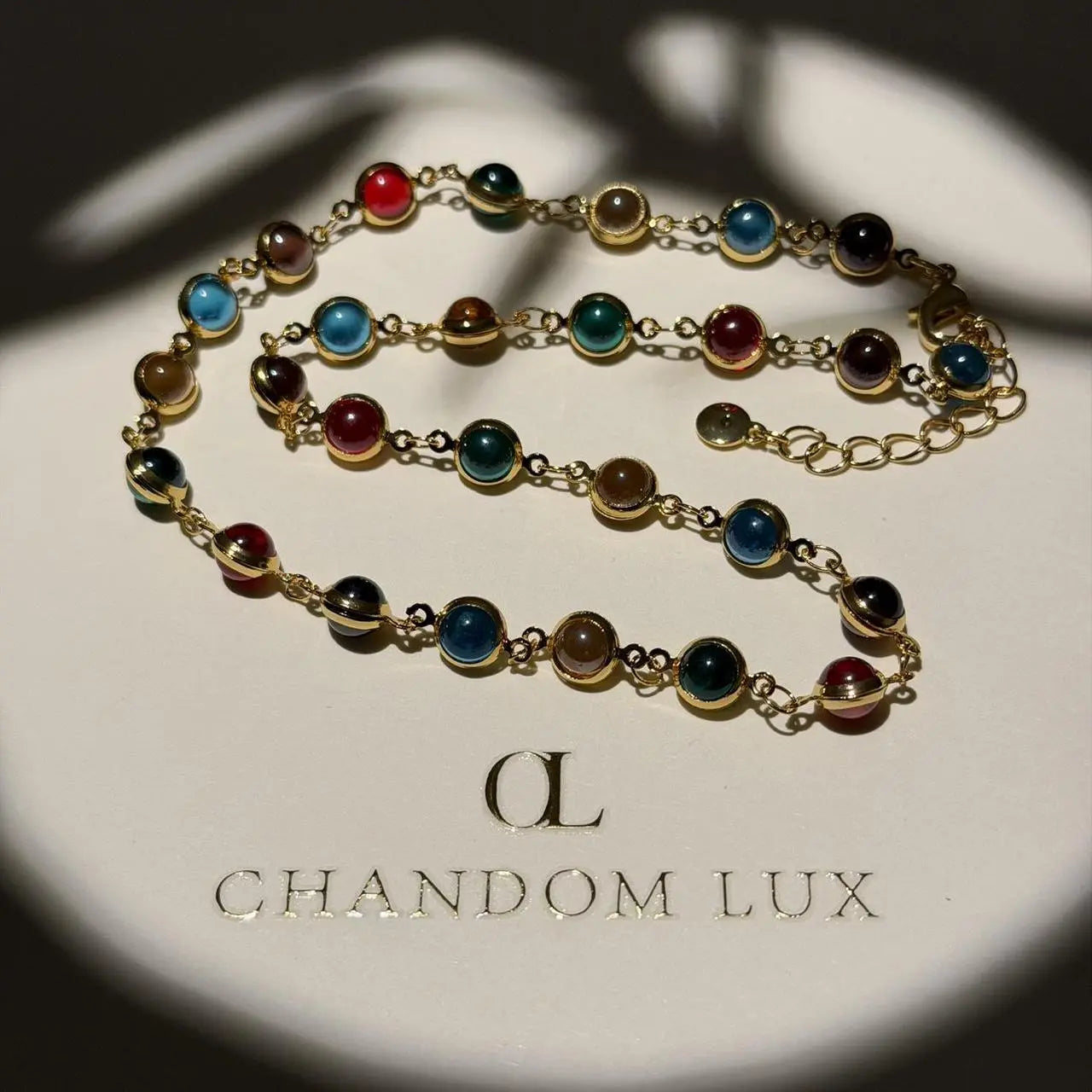 Multicolour Gemstone Bezel Station Necklace Gold — detail of gold tone