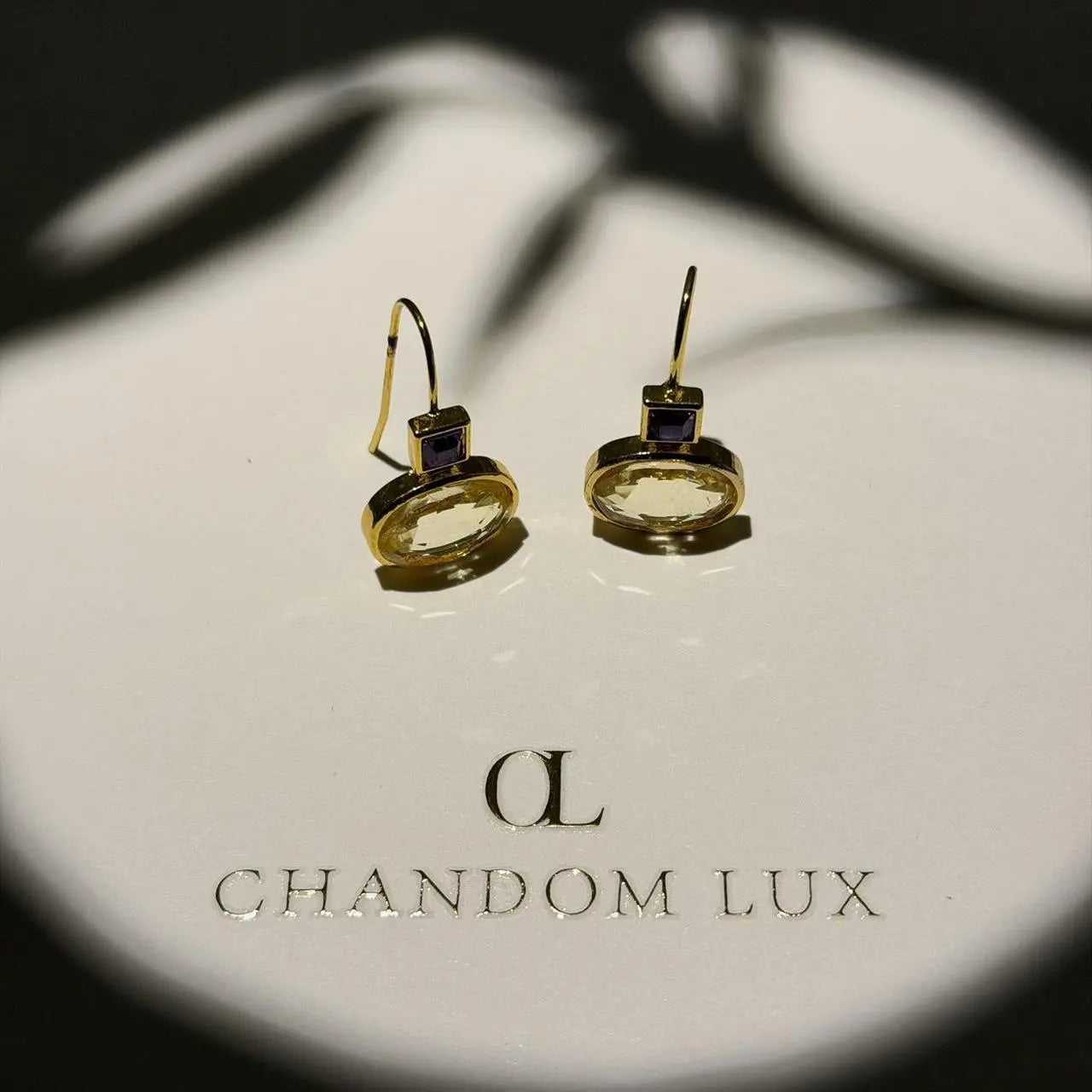 Amethyst & Crystal Square Drop Earrings Gold Tone — detail shot of gold tone