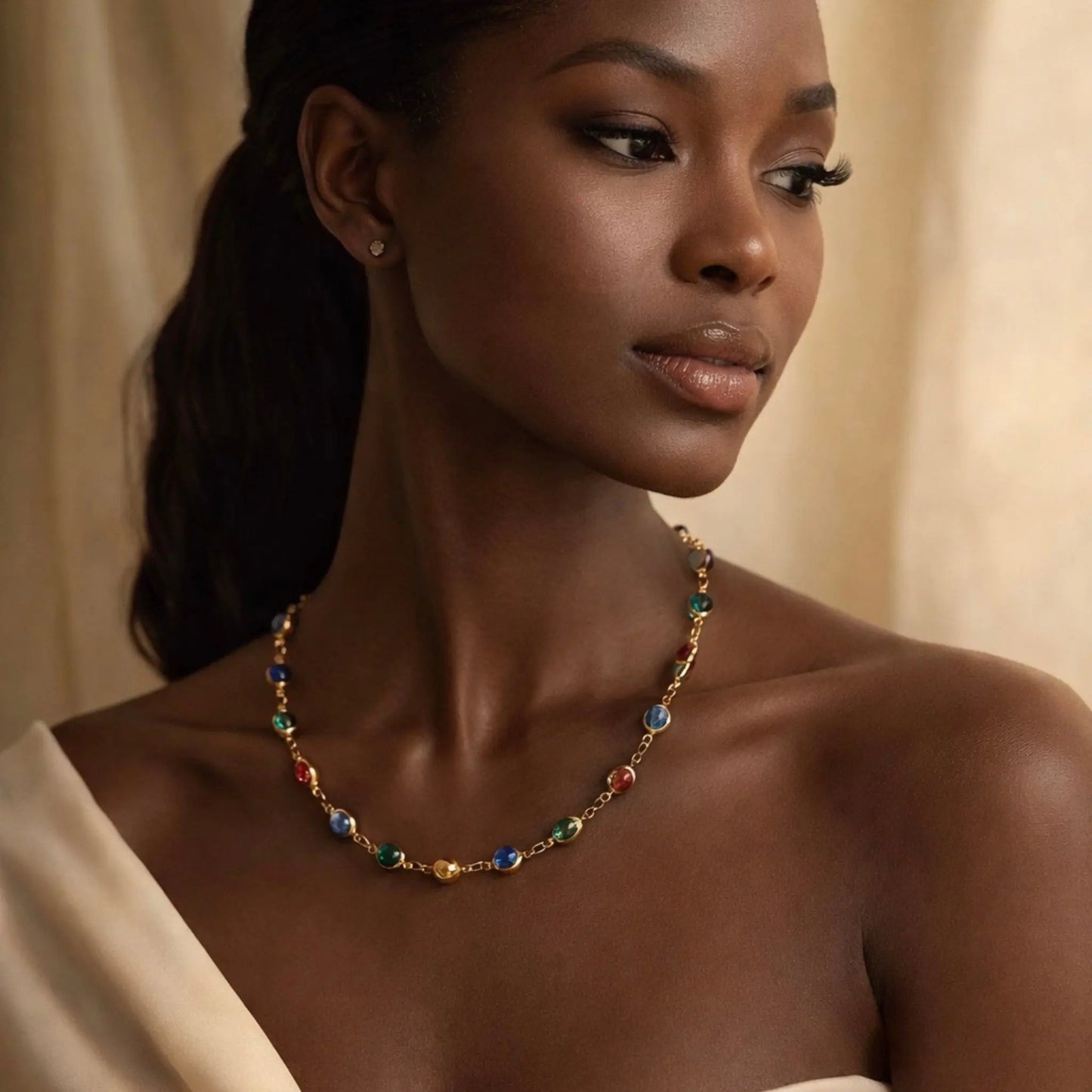 Rainbow Crystal Rhinestone Necklace 18K Gold Plated on neutral background — full length view