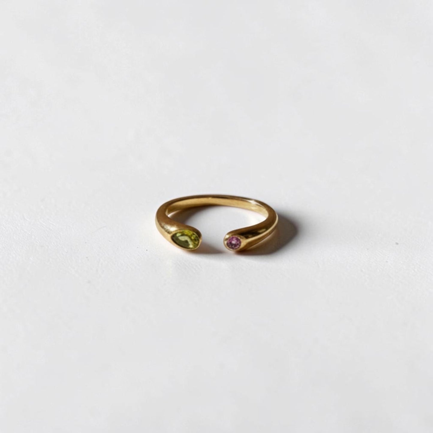 Teardrop Toi et Moi Open Ring 18K Gold Green Purple — styled flat lay
