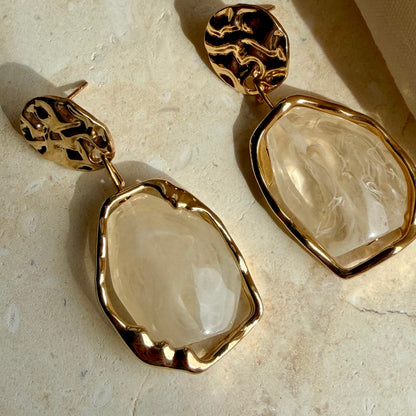 Frosted Resin Drop Earrings S925 Hammered Gold Disc
