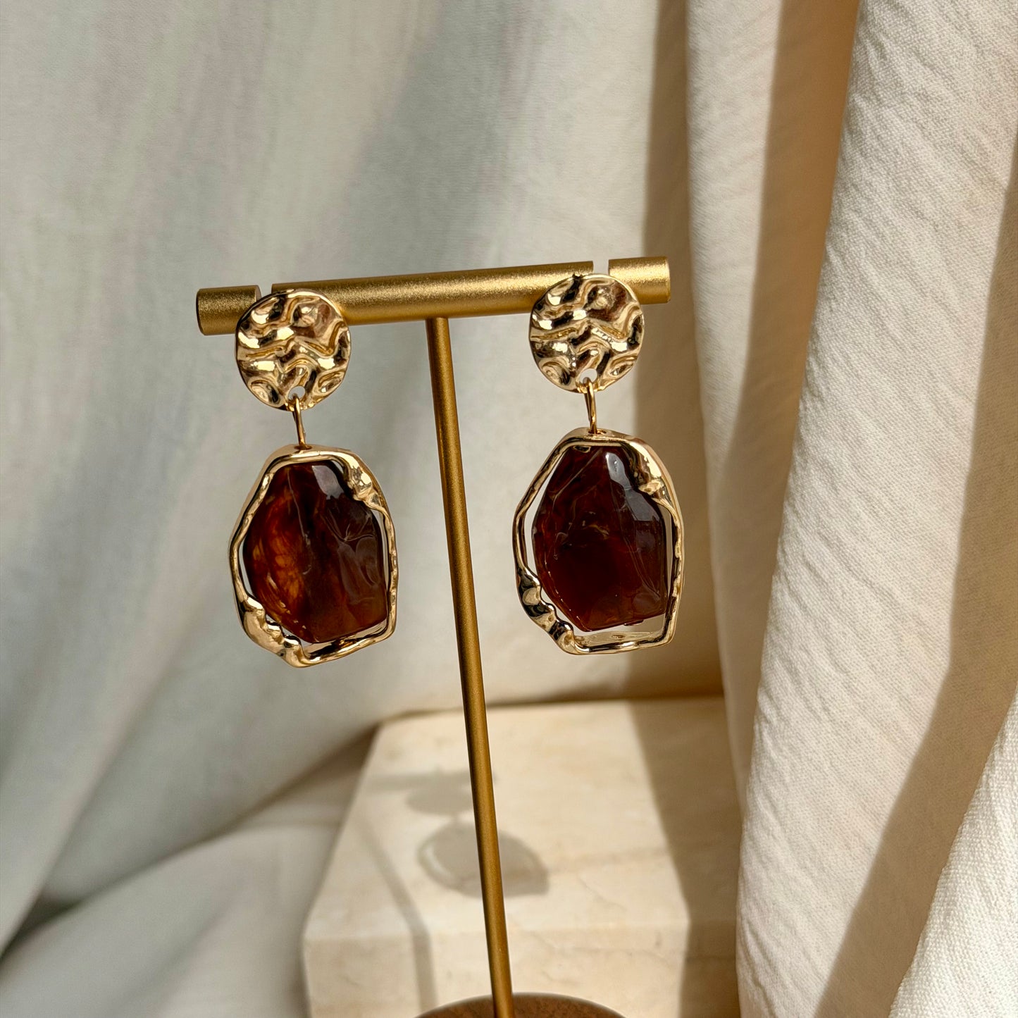 Amber Tortoiseshell Resin Drop Earrings S925 Gold