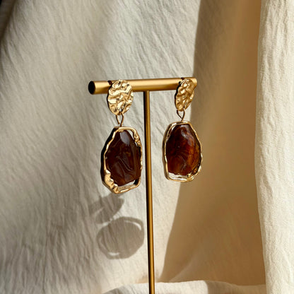 Amber Tortoiseshell Resin Drop Earrings S925 Gold