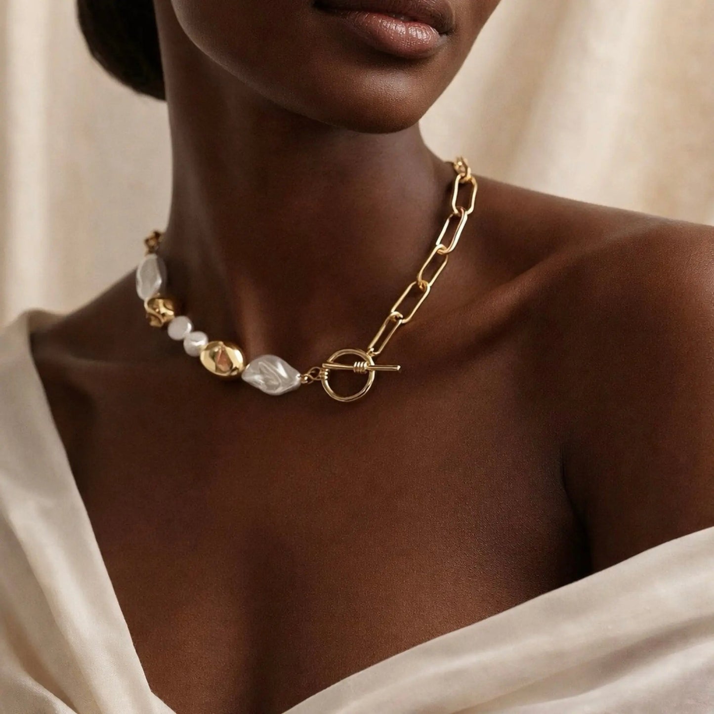 Freshwater Pearl Galaxy Pendant Necklace Gold Tone on neutral background — full length view