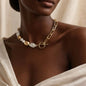 Freshwater Pearl Galaxy Pendant Necklace Gold Tone on neutral background — full length view