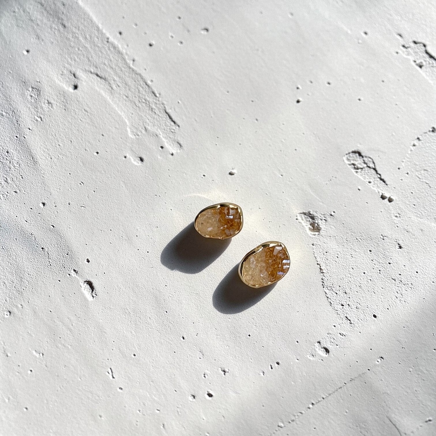 Amber Druzy Crystal Oval Stud Earrings S925 Gold — pair shown together on flat lay