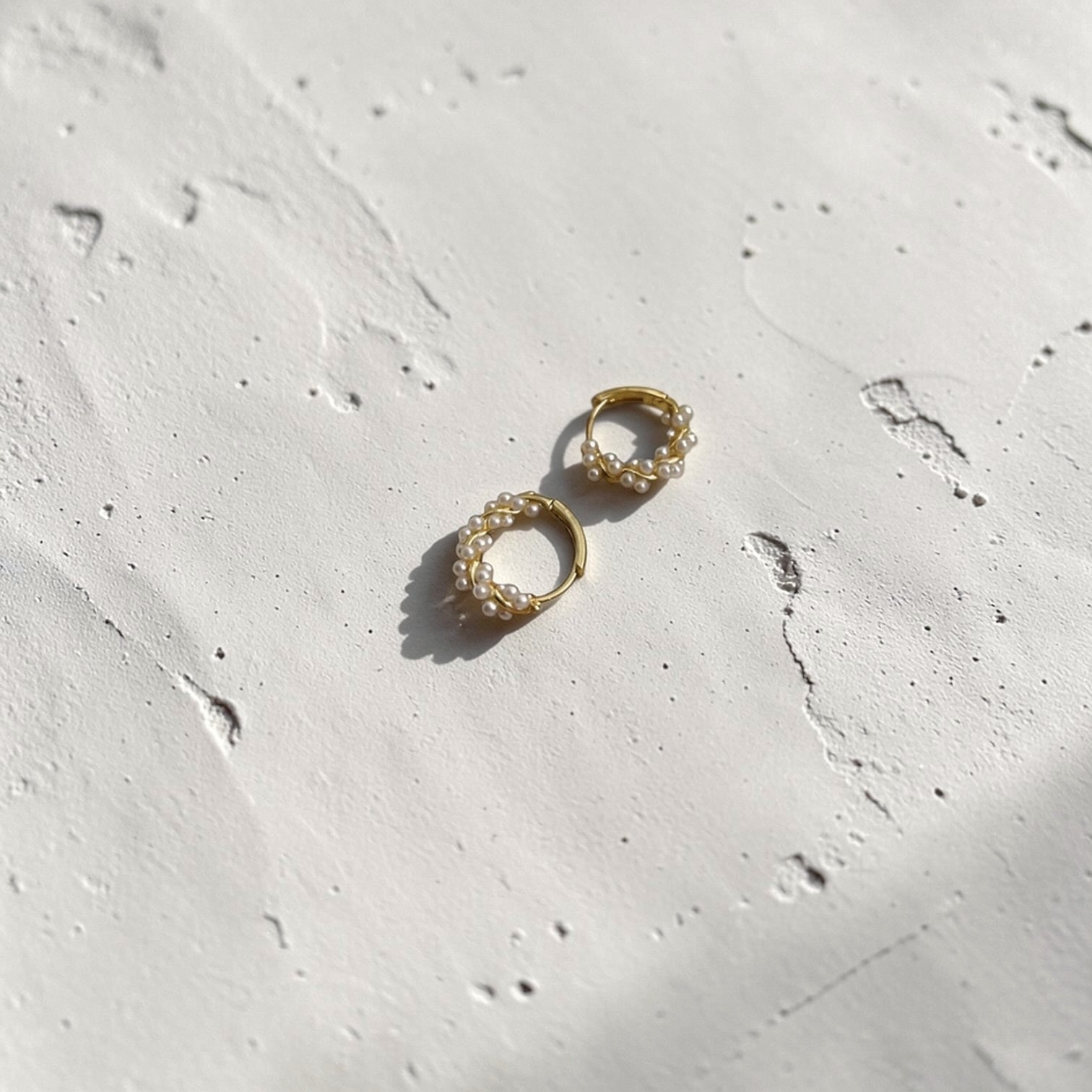 Pearl Beaded Huggie Hoop Earrings S925 Silver Gold — detail shot of faux pearl