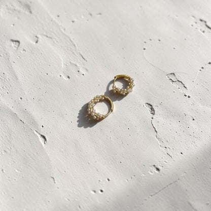 Pearl Beaded Huggie Hoop Earrings S925 Silver Gold — detail shot of faux pearl