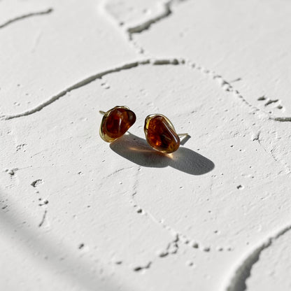 Organic Amber Resin Stud Earrings S925 Gold Wavy — pair shown together on flat lay