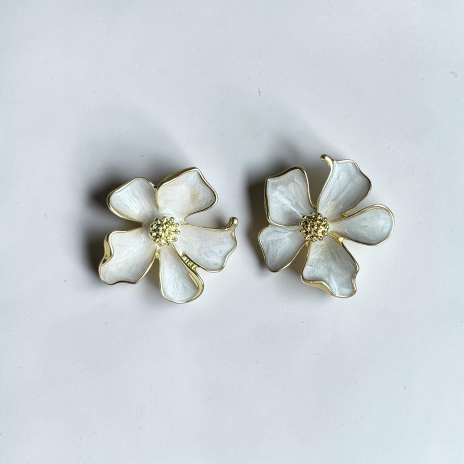 White Enamel 3D Flower Stud Earrings S925 Gold — worn on model, side profile