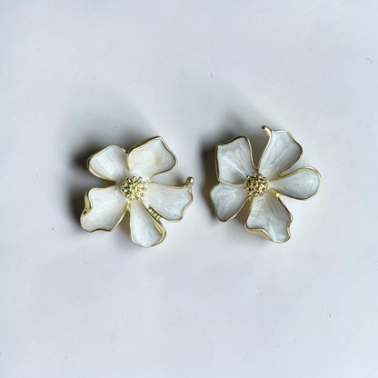 White Enamel 3D Flower Stud Earrings S925 Gold — worn on model, side profile