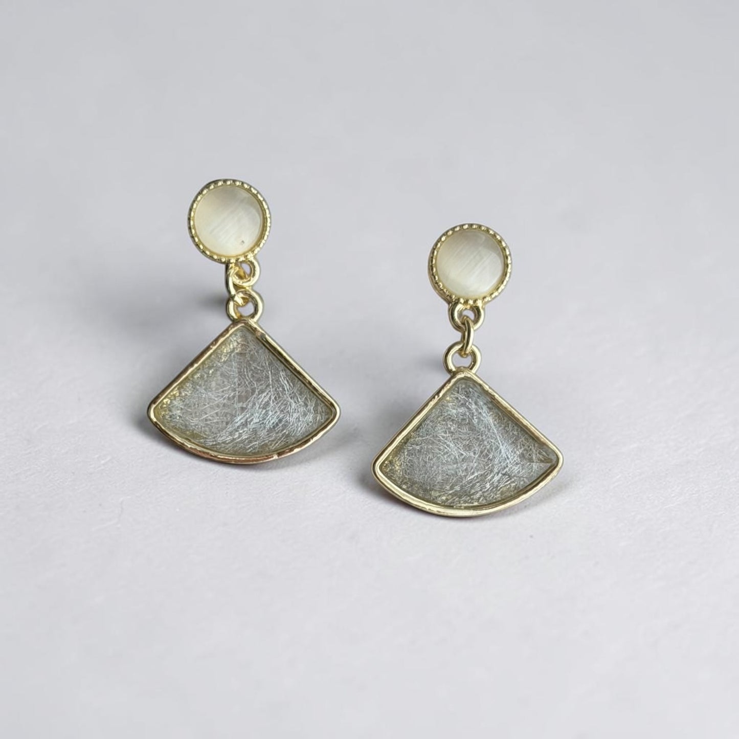 Pearl Stud & Fan Stone Drop Earrings S925 Gold Grey — close-up of pearl and post detail