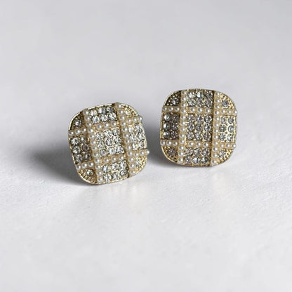 Tweed Crystal & Pearl Square Stud Earrings S925 Gold — pair shown together on flat lay