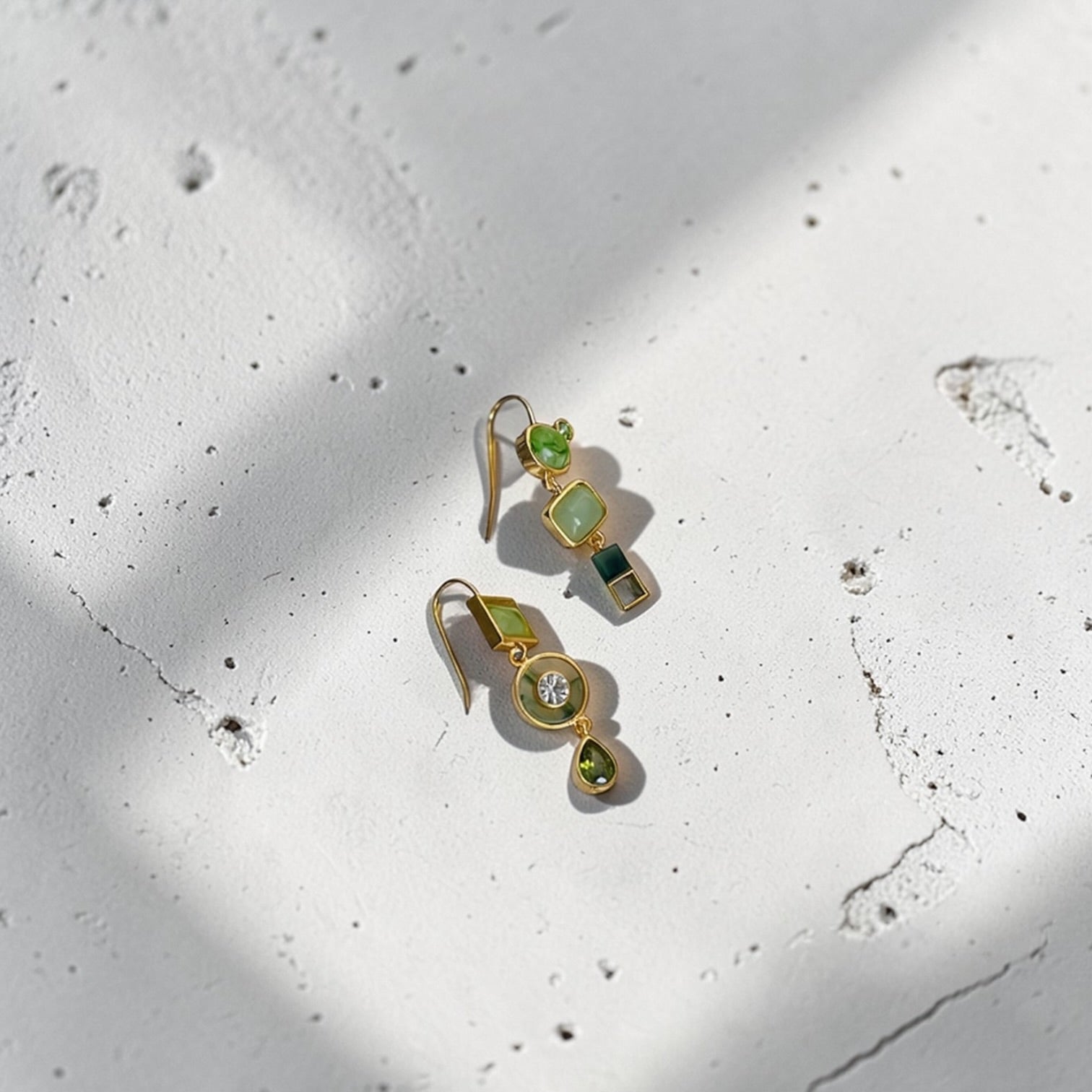 Green Mosaic Multi-Stone Drop Earrings Gold Teal — angle highlighting drop and movement