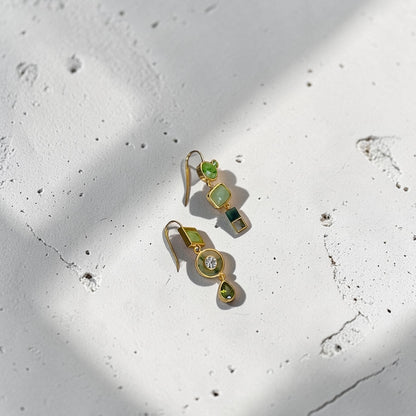 Green Mosaic Multi-Stone Drop Earrings Gold Teal — angle highlighting drop and movement
