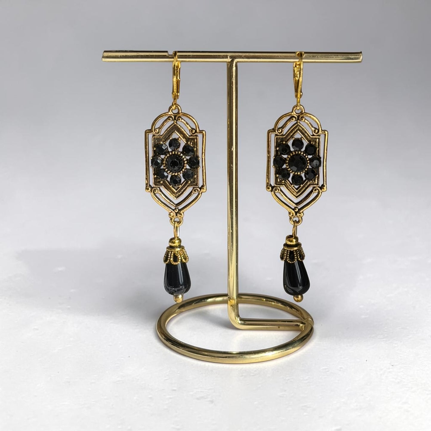 Art Deco Black Crystal Filigree Drop Earrings Gold — alternate angle view
