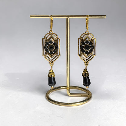 Art Deco Black Crystal Filigree Drop Earrings Gold — alternate angle view