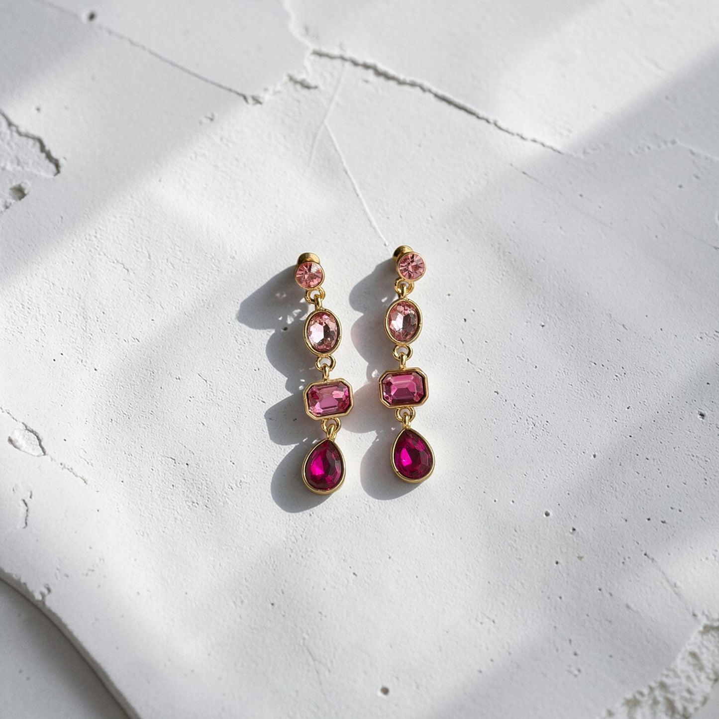 Pink Ombre Crystal Triple Cascade Drop Earrings Gold — angle highlighting drop and movement