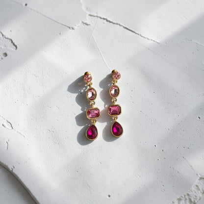 Pink Ombre Crystal Triple Cascade Drop Earrings Gold — angle highlighting drop and movement