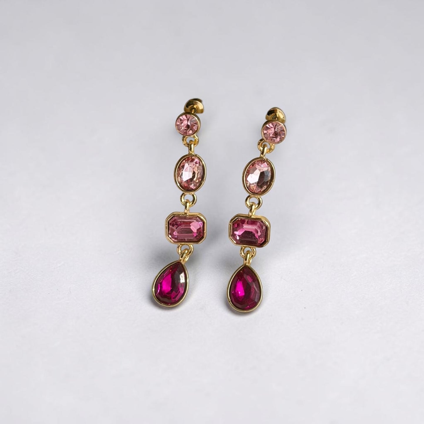 Pink Ombre Crystal Triple Cascade Drop Earrings Gold — styled with neutral outfit