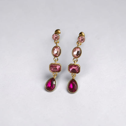 Pink Ombre Crystal Triple Cascade Drop Earrings Gold — styled with neutral outfit