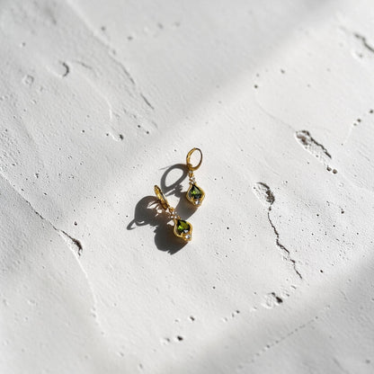 Olive Green Crystal Huggie Drop Earrings Gold Tone — styled with neutral outfit