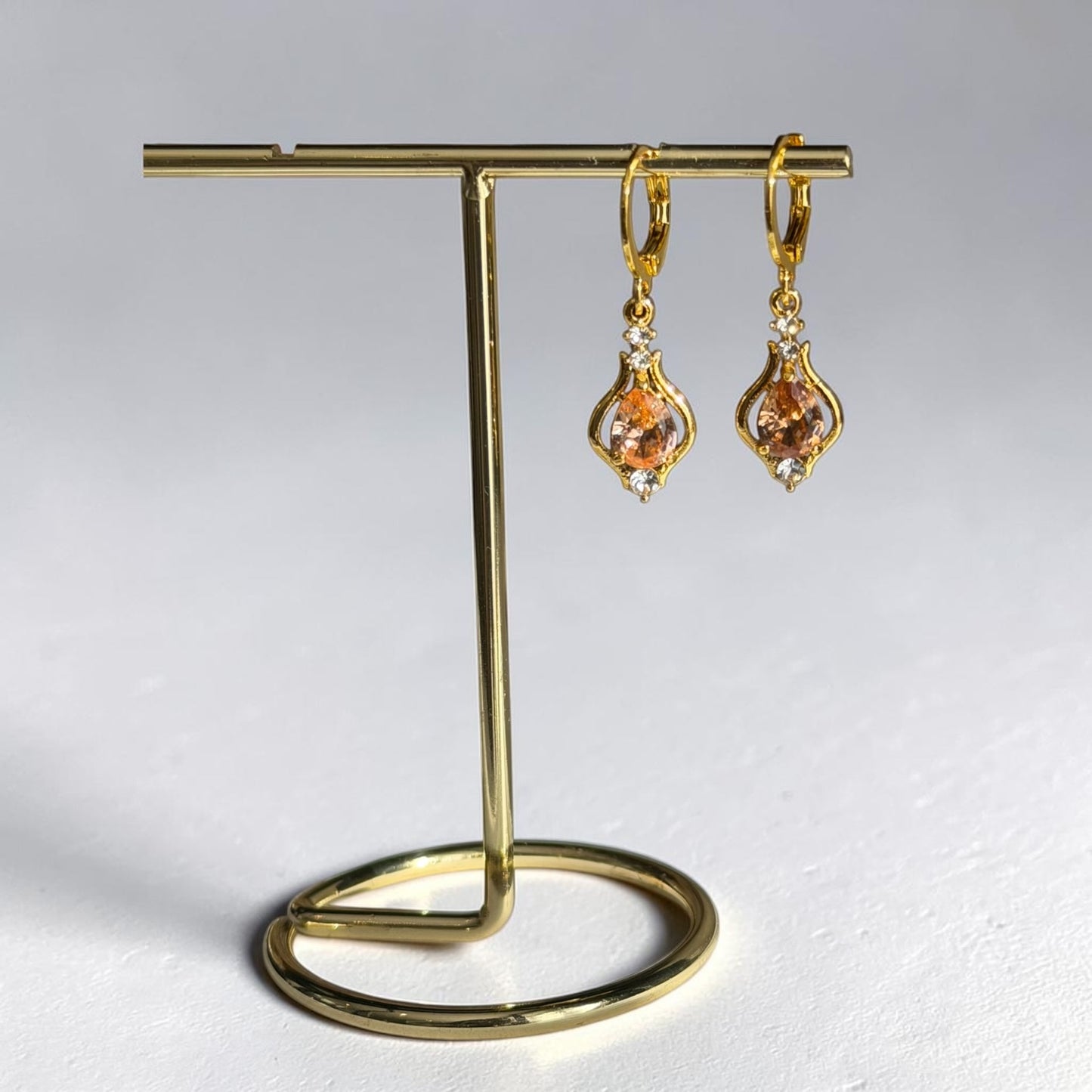 Peach Crystal Huggie Drop Earrings Gold Stainless — styled with neutral outfit