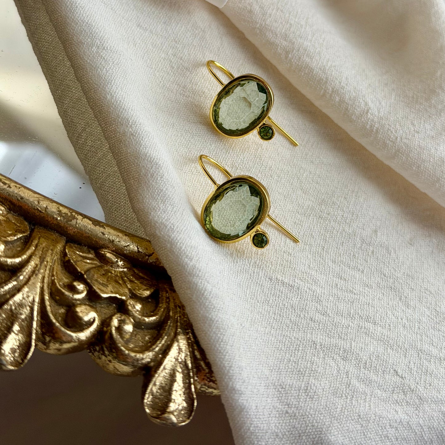 Grey Crystal & Green Accent Drop Earrings Gold — detail shot of gold tone