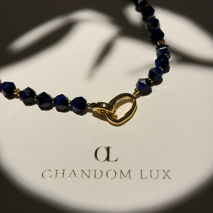 Natural Lapis Lazuli Bead Choker Necklace Gold — chain and clasp detail