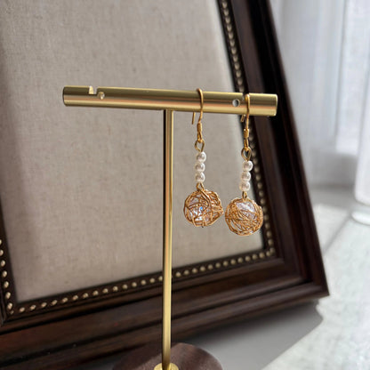 Freshwater Pearl Sphere Drop Earrings 14K Gold S925 — close-up of pearl and post detail