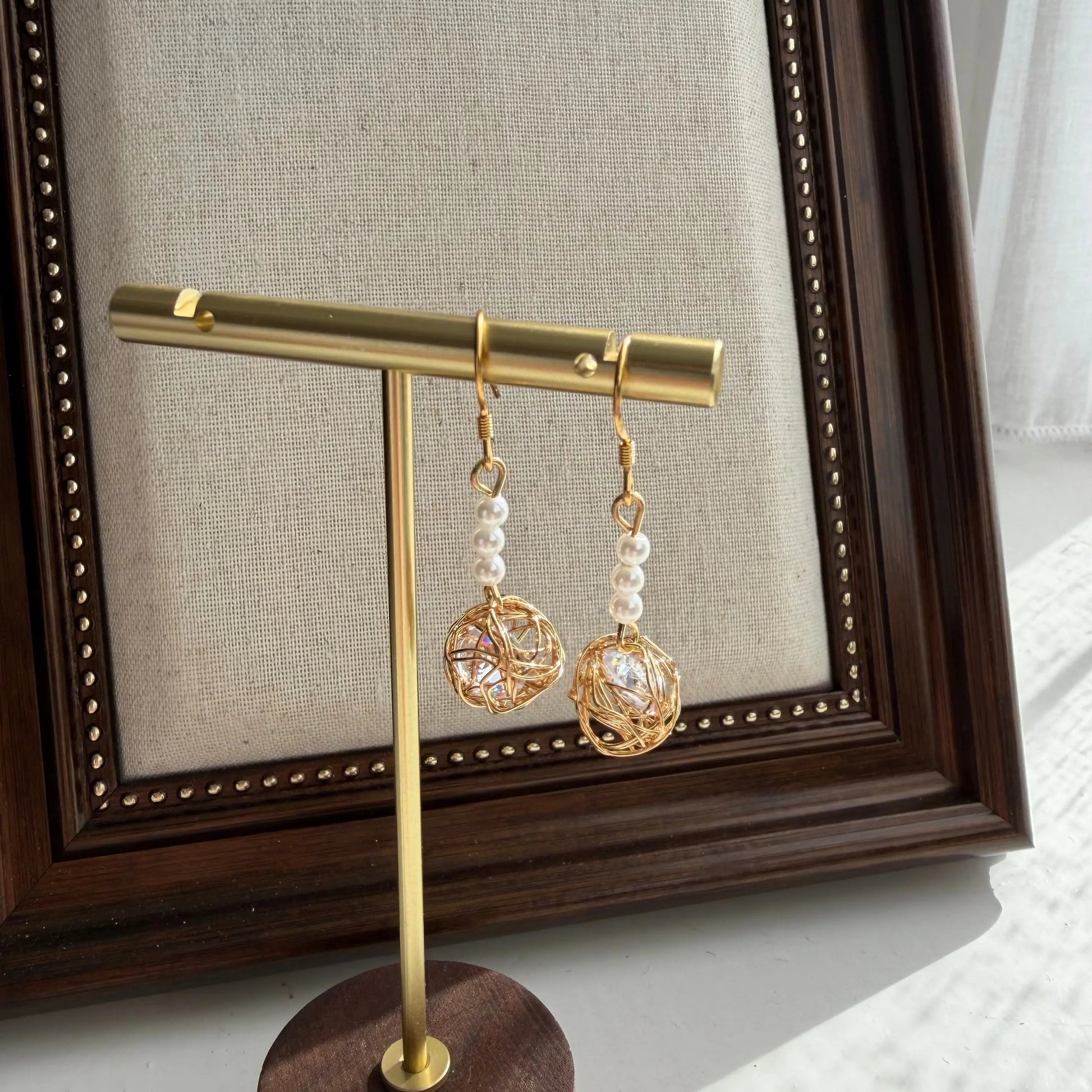 Freshwater Pearl Sphere Drop Earrings 14K Gold S925 — pair shown together on flat lay