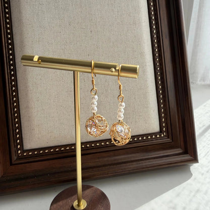 Freshwater Pearl Sphere Drop Earrings 14K Gold S925 — pair shown together on flat lay
