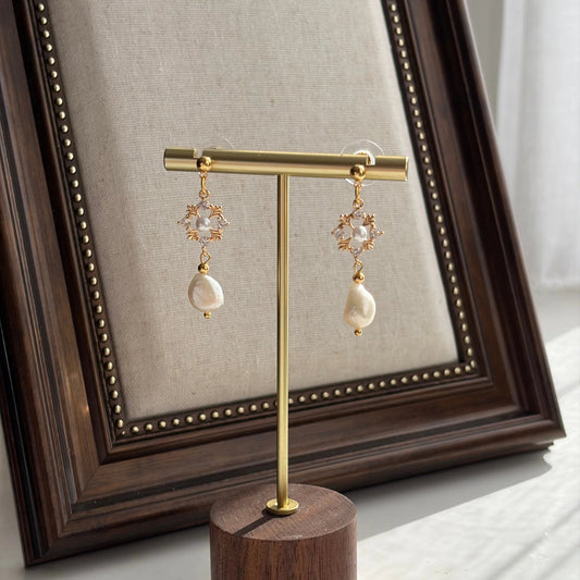 Freshwater Pearl Arc Drop Earrings 14K Gold S925 on neutral background — front view