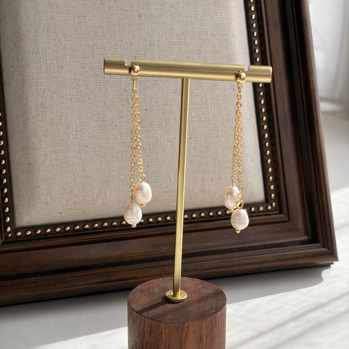 Freshwater Pearl Dangle Drop Earrings S925 Silver on neutral background — front view
