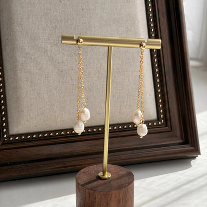 Freshwater Pearl Dangle Drop Earrings S925 Silver on neutral background — front view