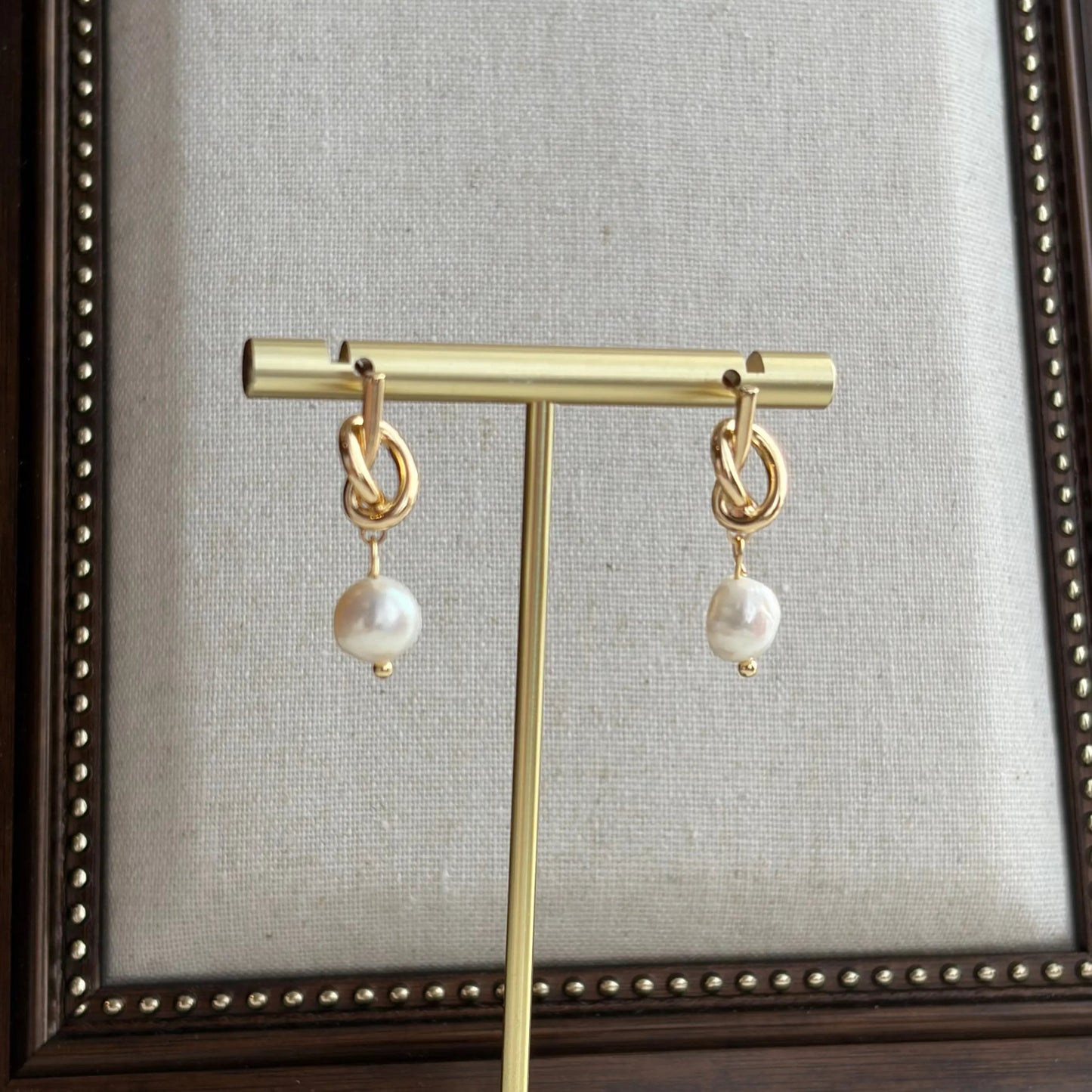 Freshwater Pearl Ivy Vine Drop Earrings Gold Tone — pair shown together on flat lay
