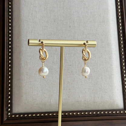 Freshwater Pearl Ivy Vine Drop Earrings Gold Tone — pair shown together on flat lay