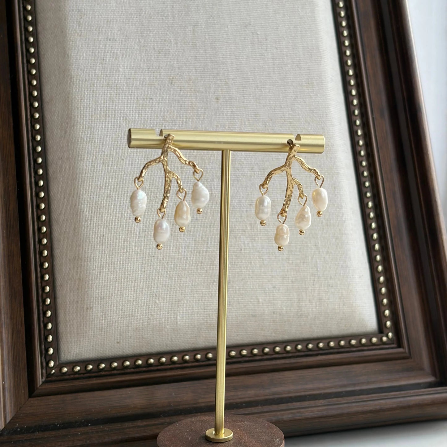 Natural Freshwater Pearl Stud Earrings S925 Gold — worn on model, side profile