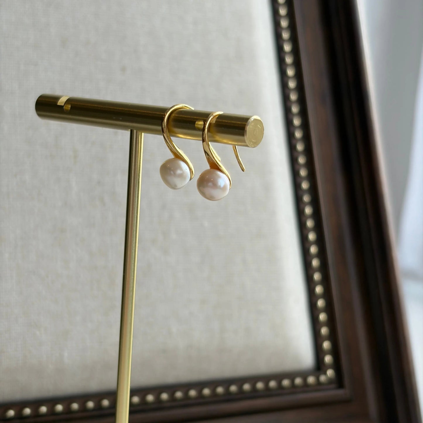 Freshwater Pearl Double Chain Drop Earrings S925 on neutral background — front view