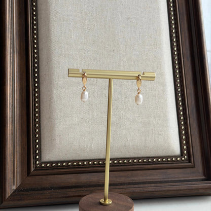 Freshwater Pearl Leaf Drop Earrings 14K Gold S925 — close-up of pearl and post detail