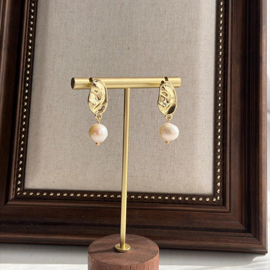 Freshwater Pearl Floral Stud Earrings S925 Gold on neutral background — front view