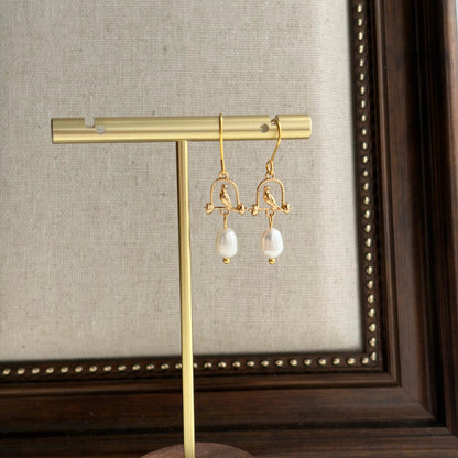 Freshwater Pearl Birdcage Hoop Earrings S925 Silver on neutral background — front view