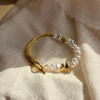 Faux Pearl Bracelet Gold Tone Dainty Women Gift UK on neutral background — full length view