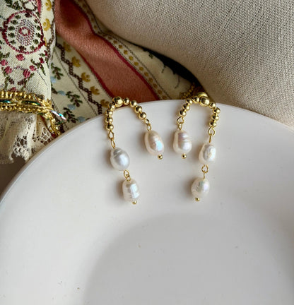 Freshwater Pearl Arch Stud Earrings S925 Silver — pair shown together on flat lay